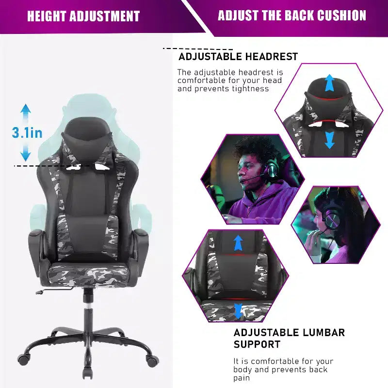 Chaise de bureau de jeu BestMassage Chaise de bureau Chaise d'ordinateur avec accoudoirs Support lombaire pivotant à 360° Chaise de direction pour adultes