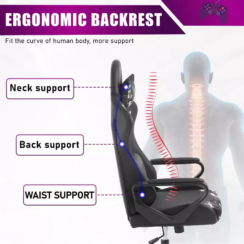 Chaise de bureau de jeu BestMassage Chaise de bureau Chaise d'ordinateur avec accoudoirs Support lombaire pivotant à 360° Chaise de direction pour adultes