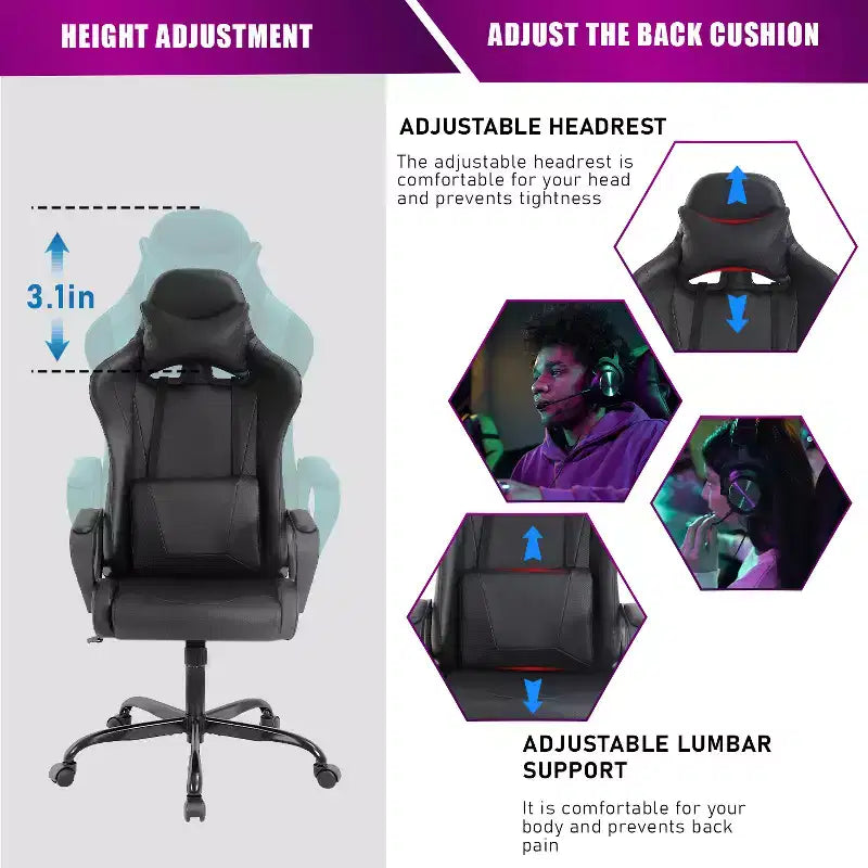 Chaise de bureau de jeu BestMassage Chaise de bureau Chaise d'ordinateur avec accoudoirs Support lombaire pivotant à 360° Chaise de direction pour adultes