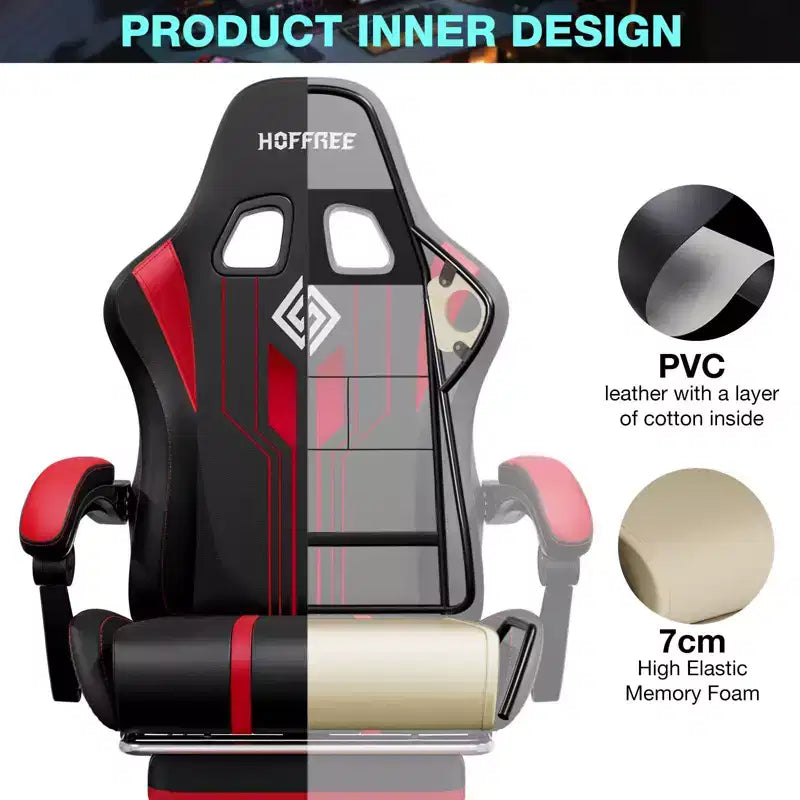 Hoffree Extra Large Massage Gaming Chair Ergonomic Office PC Chair with Bluetooth Speaker & RGB Light
