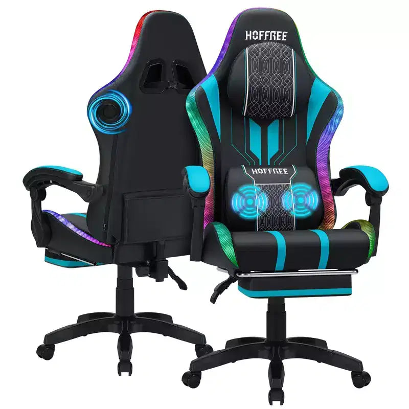 Hoffree Extra Large Massage Gaming Chair Ergonomic Office PC Chair with Bluetooth Speaker & RGB Light