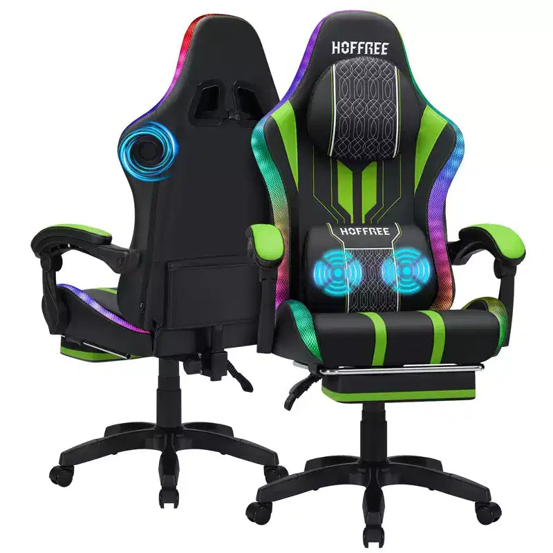 Hoffree Extra Large Massage Gaming Chair Ergonomic Office PC Chair with Bluetooth Speaker & RGB Light