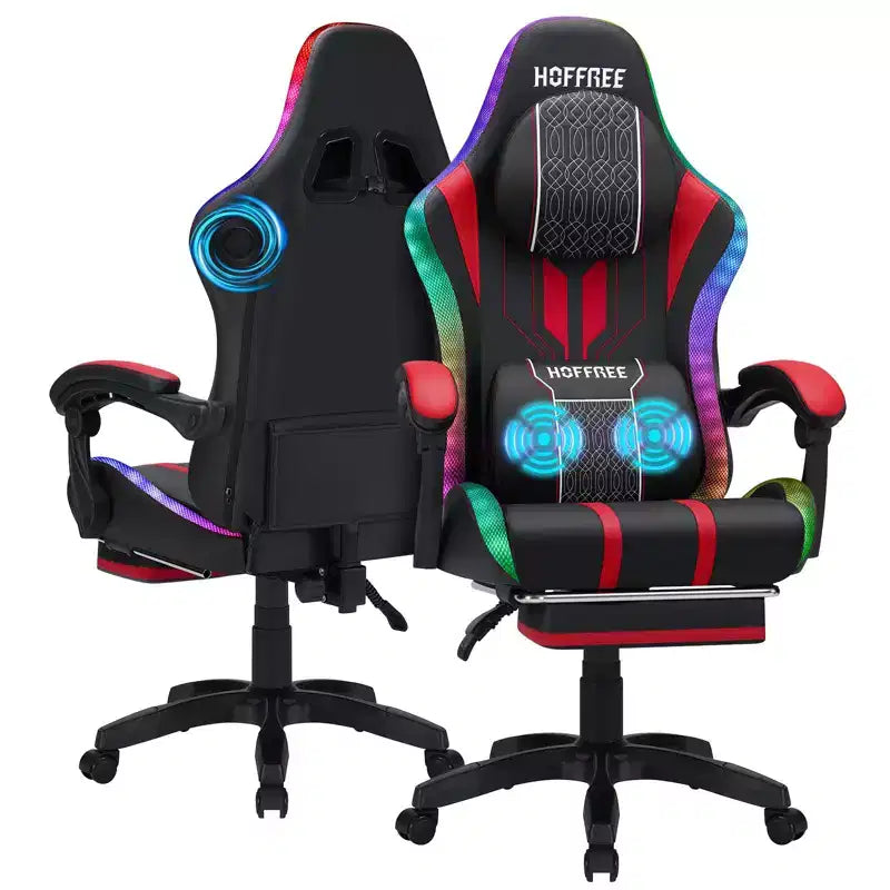 Hoffree Extra Large Massage Gaming Chair Ergonomic Office PC Chair with Bluetooth Speaker & RGB Light