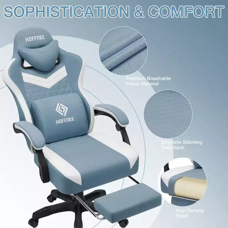 Hoffree Breathable Fabric Massage Gaming Chair Ergonomic Office PC Chair with Footrest & Adjustable