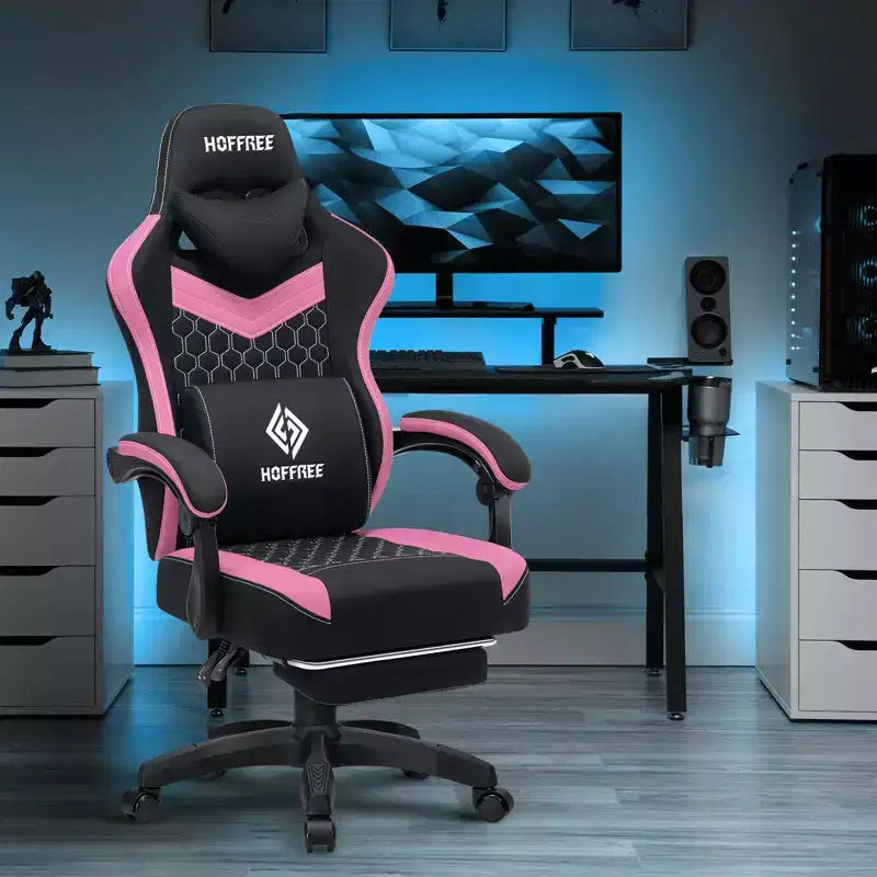 Hoffree Breathable Fabric Massage Gaming Chair Ergonomic Office PC Chair with Bluetooth Speaker & Footrest