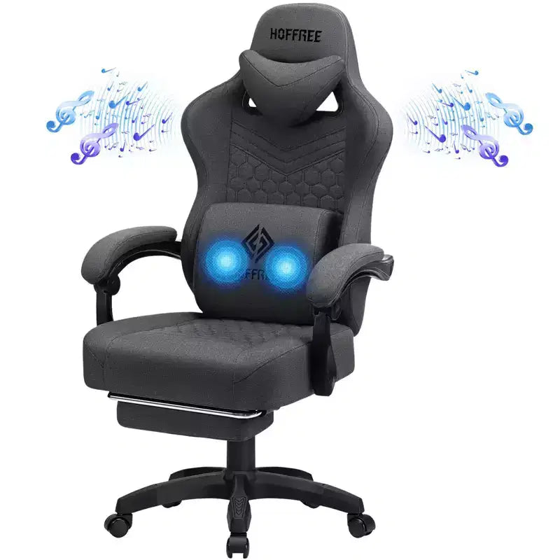 Hoffree Breathable Fabric Massage Gaming Chair Ergonomic Office PC Chair with Bluetooth Speaker & Footrest