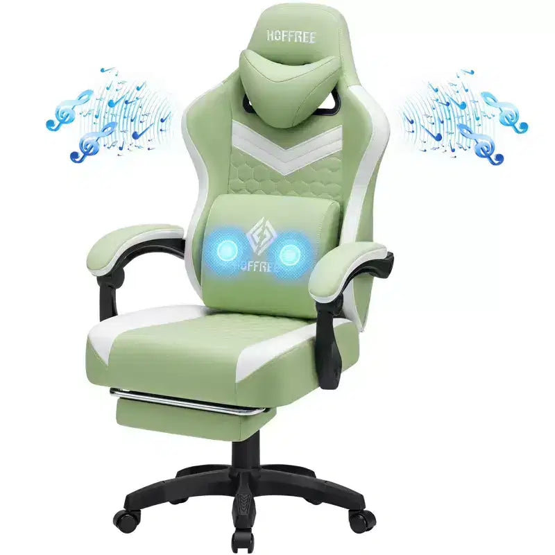 Hoffree Breathable Fabric Massage Gaming Chair Ergonomic Office PC Chair with Bluetooth Speaker & Footrest
