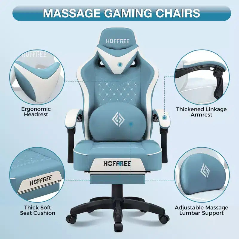 Hoffree Leather Massage Gaming Chair Ergonomic Office PC Chair with Bluetooth Speaker & Footrest