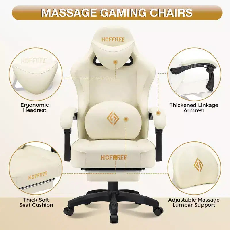Hoffree Leather Massage Gaming Chair Ergonomic Office PC Chair with Bluetooth Speaker & Footrest