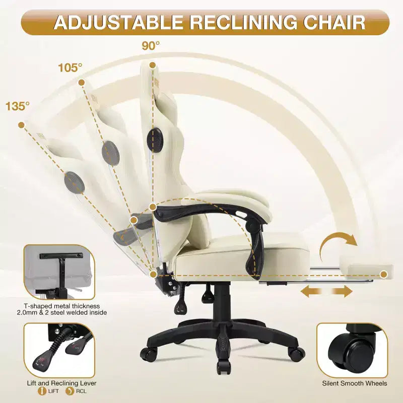 Hoffree Leather Massage Gaming Chair Ergonomic Office PC Chair with Bluetooth Speaker & Footrest