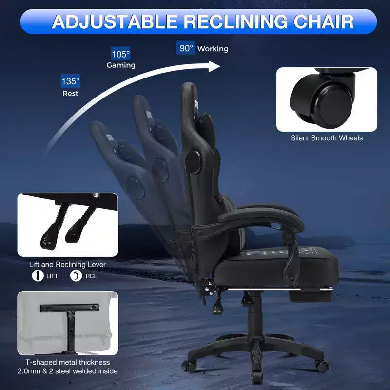Hoffree Leather Massage Gaming Chair Ergonomic Office PC Chair with Bluetooth Speaker & Footrest