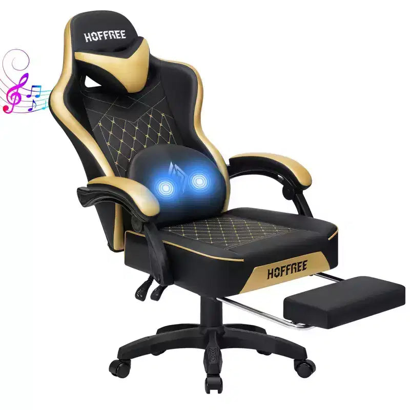 Hoffree Leather Massage Gaming Chair Ergonomic Office PC Chair with Bluetooth Speaker & Footrest