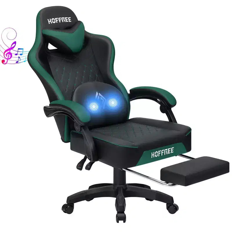 Hoffree Leather Massage Gaming Chair Ergonomic Office PC Chair with Bluetooth Speaker & Footrest