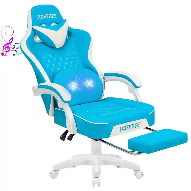 Hoffree Leather Massage Gaming Chair Ergonomic Office PC Chair with Bluetooth Speaker & Footrest