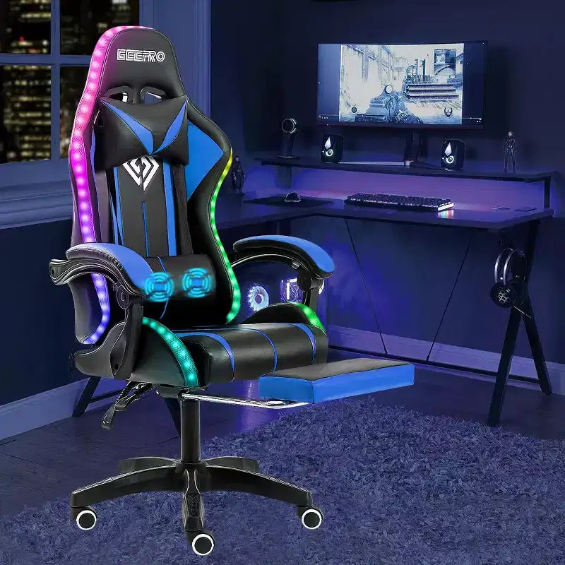 Hoffree Comfort Massage Racing Gaming Chair Ergonomic Office PC Chair with Footrest & RGB Light