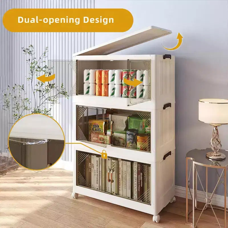 21.6 Inch Wide Clear Door Foldable Storage Box  3-Tier Large Capacity Organizer, Easy Access, Moving Essential, Space-Saving Foldable Design
