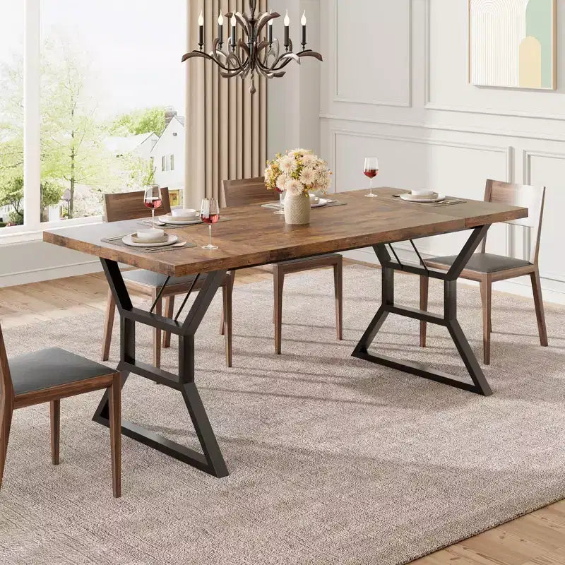 70.9 Large Dining Room Table for 6, Rectangular Kitchen Table with Heavy Duty Metal Legs, Farmhouse Wooden Dining Table for Big Family
