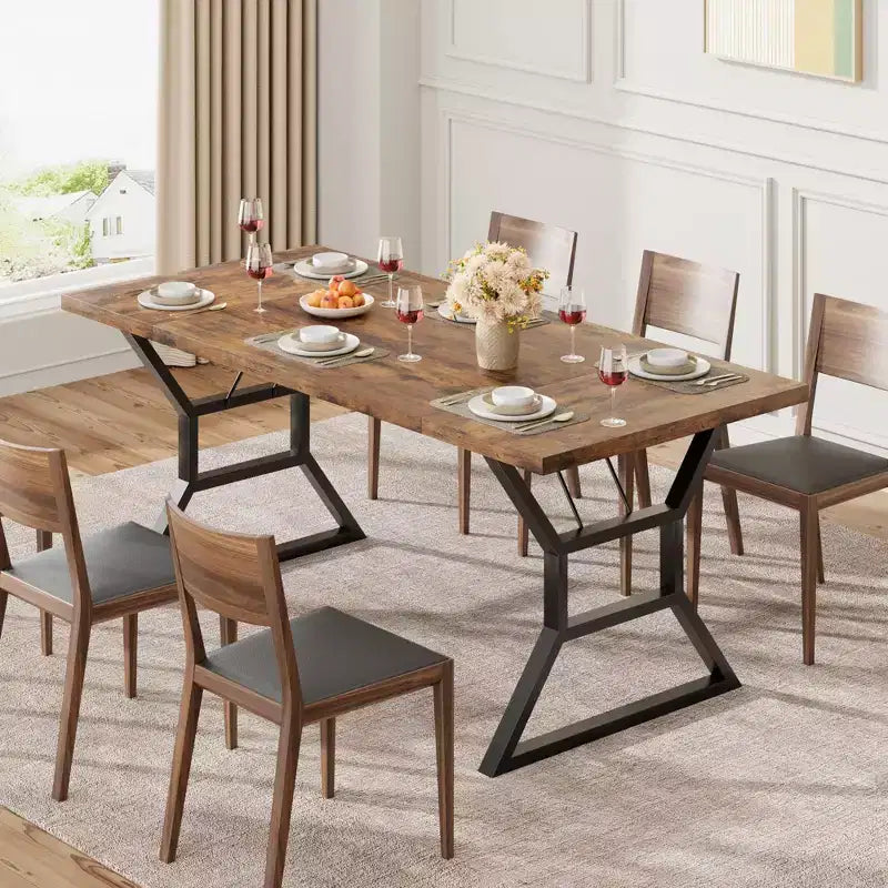 70.9 Large Dining Room Table for 6, Rectangular Kitchen Table with Heavy Duty Metal Legs, Farmhouse Wooden Dining Table for Big Family