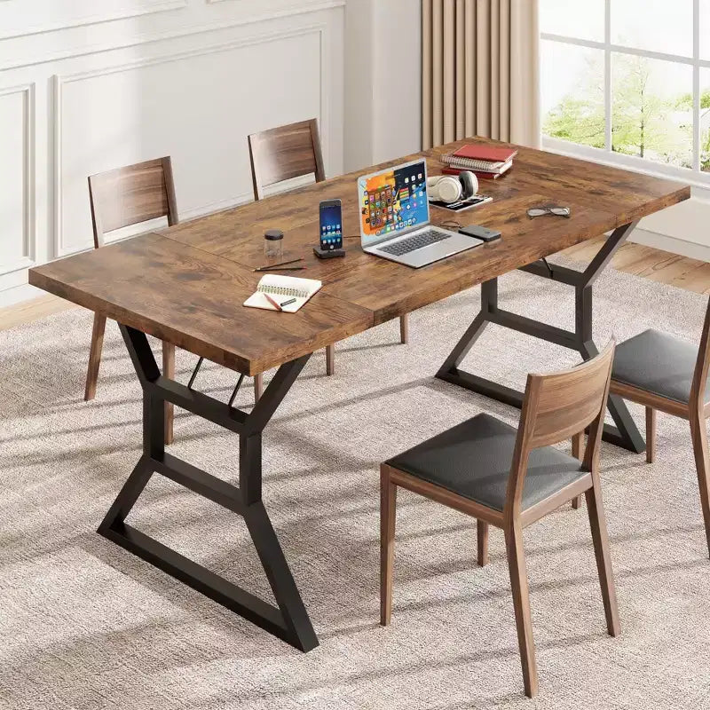 70.9 Large Dining Room Table for 6, Rectangular Kitchen Table with Heavy Duty Metal Legs, Farmhouse Wooden Dining Table for Big Family