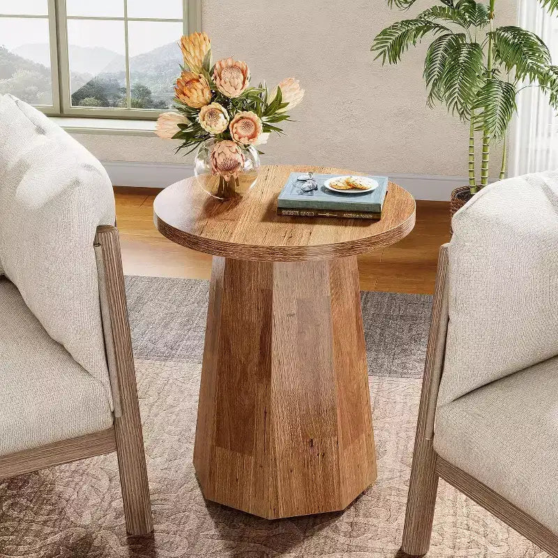 Table d'appoint ronde en bois Lantine Farmhouse avec piètement octogonal