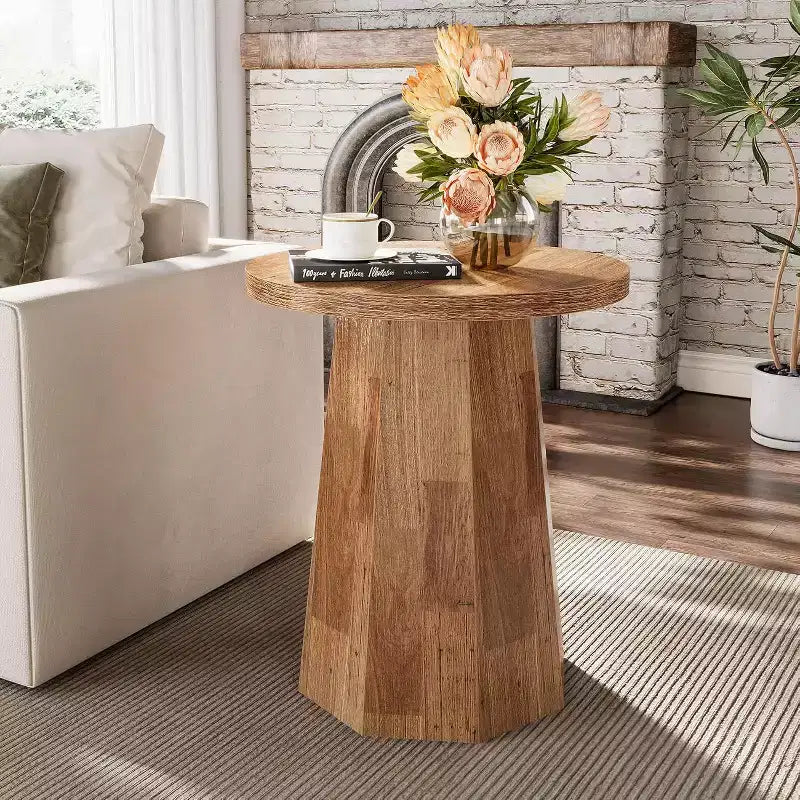 Table d'appoint ronde en bois Lantine Farmhouse avec piètement octogonal