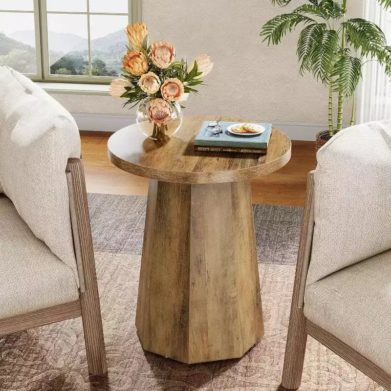 Table d'appoint ronde en bois Lantine Farmhouse avec piètement octogonal