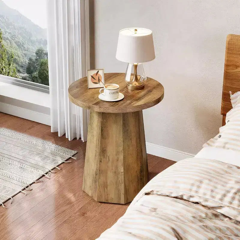 Table d'appoint ronde en bois Lantine Farmhouse avec piètement octogonal