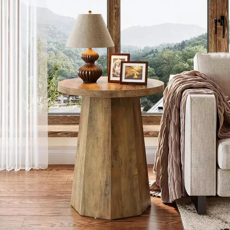 Lantine Farmhouse Wooden Round End Table with Octagonal Base