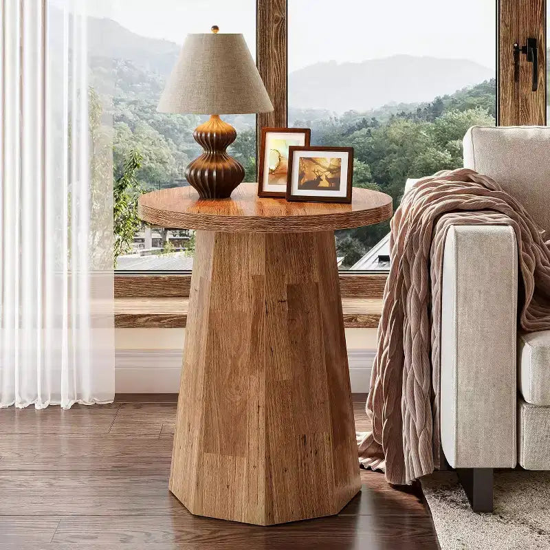 Table d'appoint ronde en bois Lantine Farmhouse avec piètement octogonal
