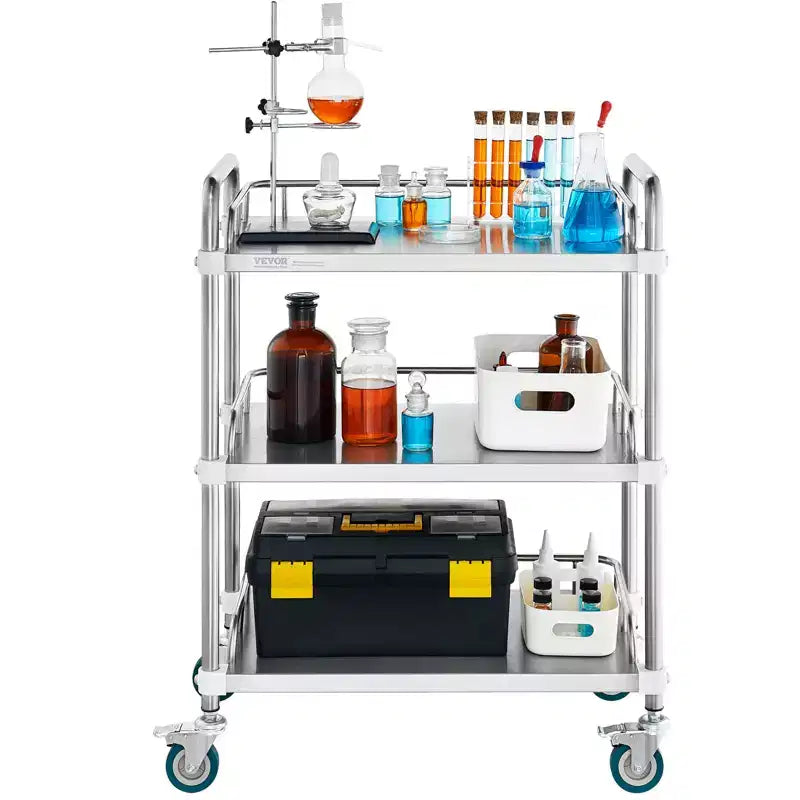 VEVOR Lab Rolling Cart, 3-Shelf Stainless Steel Rolling Cart, Lab Serving Cart , Dental Utility Cart , Lab, Hospital, Salon, 26.38x15.55x34.13