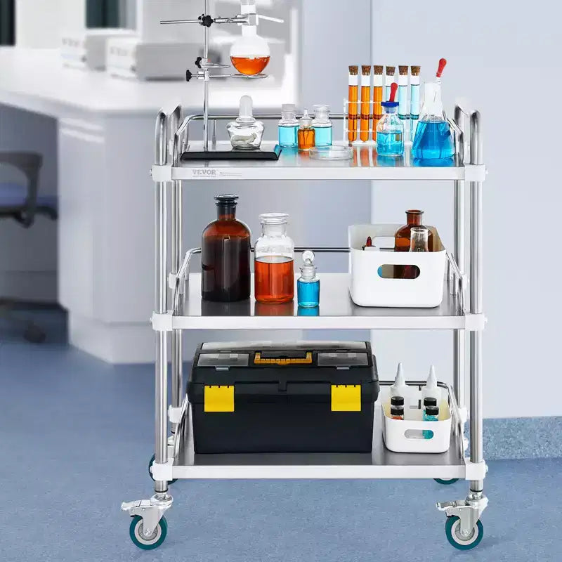 VEVOR Lab Rolling Cart, 3-Shelf Stainless Steel Rolling Cart, Lab Serving Cart , Dental Utility Cart , Lab, Hospital, Salon, 26.38x15.55x34.13