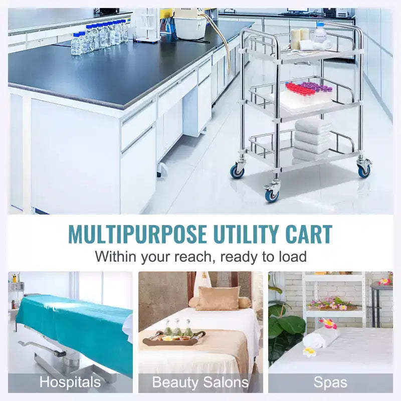 VEVOR Lab Rolling Cart, 3-Shelf Stainless Steel Rolling Cart, Lab Serving Cart , Dental Utility Cart , Lab, Hospital, Salon, 26.38x15.55x34.13