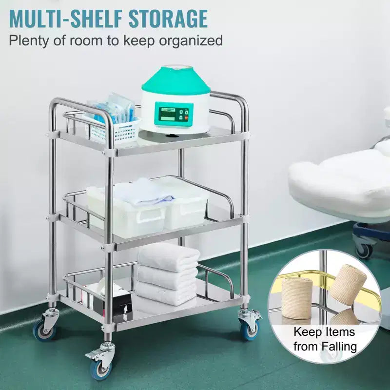 VEVOR Lab Rolling Cart, 3-Shelf Stainless Steel Rolling Cart, Lab Serving Cart , Dental Utility Cart , Lab, Hospital, Salon, 26.38x15.55x34.13