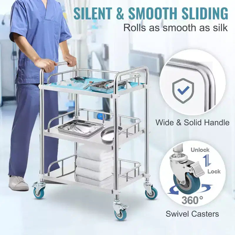 VEVOR Lab Rolling Cart, 3-Shelf Stainless Steel Rolling Cart, Lab Serving Cart , Dental Utility Cart , Lab, Hospital, Salon, 26.38x15.55x34.13