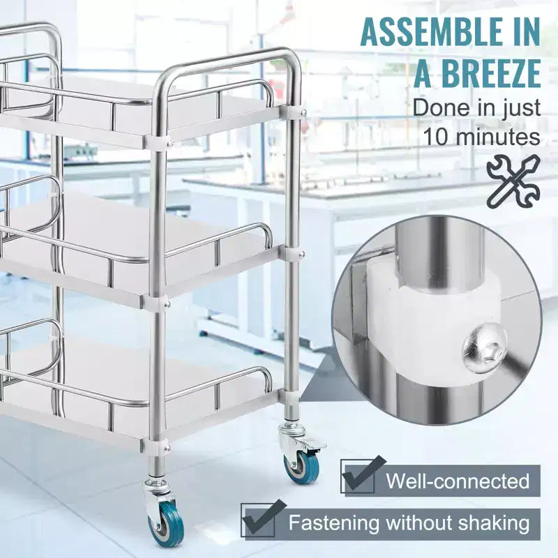 VEVOR Lab Rolling Cart, 3-Shelf Stainless Steel Rolling Cart, Lab Serving Cart , Dental Utility Cart , Lab, Hospital, Salon, 26.38x15.55x34.13