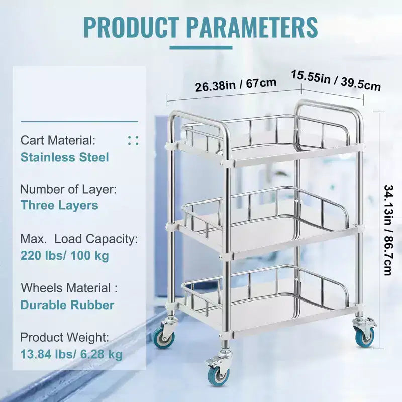 VEVOR Lab Rolling Cart, 3-Shelf Stainless Steel Rolling Cart, Lab Serving Cart , Dental Utility Cart , Lab, Hospital, Salon, 26.38x15.55x34.13