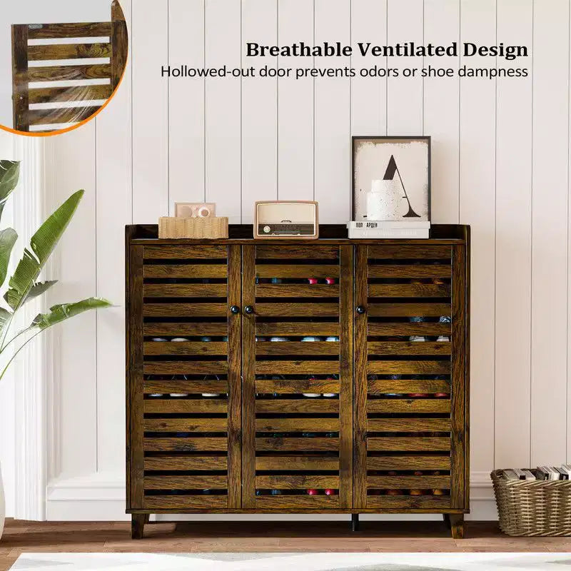 Karl Home | Hidden Shoe Cabinet With 3 Doors 5 Tier Shoe Organizer Rustic Brown
