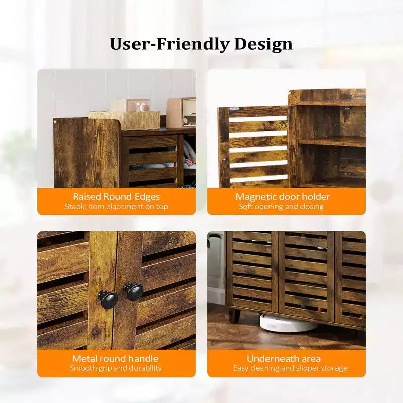 Karl Home | Hidden Shoe Cabinet With 3 Doors 5 Tier Shoe Organizer Rustic Brown