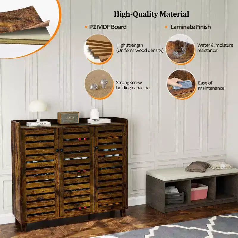 Karl Home | Hidden Shoe Cabinet With 3 Doors 5 Tier Shoe Organizer Rustic Brown