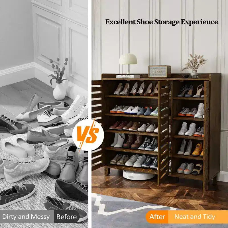Karl Home | Hidden Shoe Cabinet With 3 Doors 5 Tier Shoe Organizer Rustic Brown
