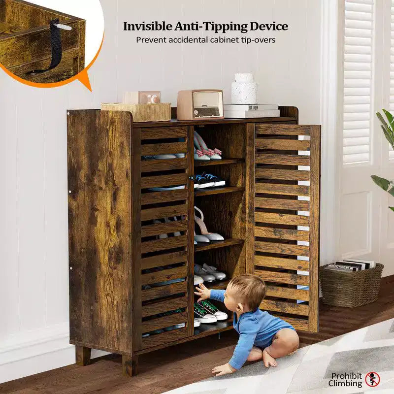 Karl Home | Hidden Shoe Cabinet With 3 Doors 5 Tier Shoe Organizer Rustic Brown