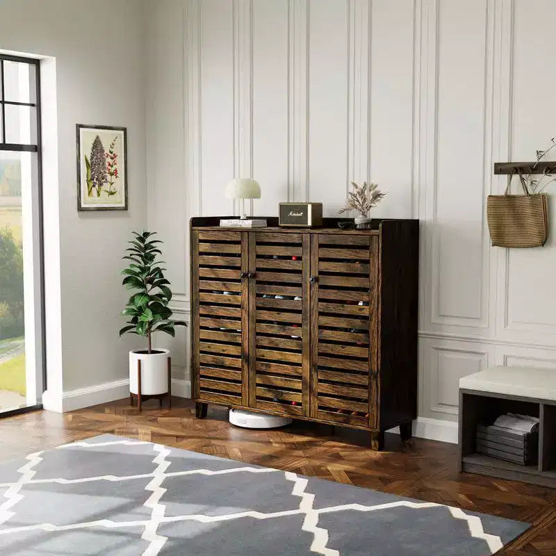 Karl Home | Hidden Shoe Cabinet With 3 Doors 5 Tier Shoe Organizer Rustic Brown