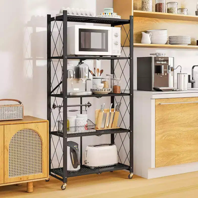 SUGIFT Foldable Storage Shelves with Wheels Heavy Duty Metal Rack 4 Tier or 5 Tier Rolling Organizer for Garage Kitchen Office No Assembly