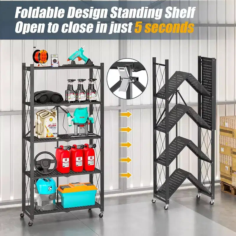 SUGIFT Foldable Storage Shelves with Wheels Heavy Duty Metal Rack 4 Tier or 5 Tier Rolling Organizer for Garage Kitchen Office No Assembly