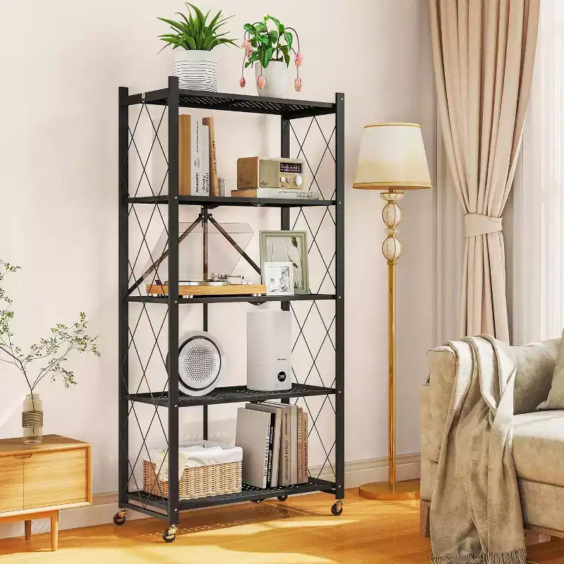 SUGIFT Foldable Storage Shelves with Wheels Heavy Duty Metal Rack 4 Tier or 5 Tier Rolling Organizer for Garage Kitchen Office No Assembly
