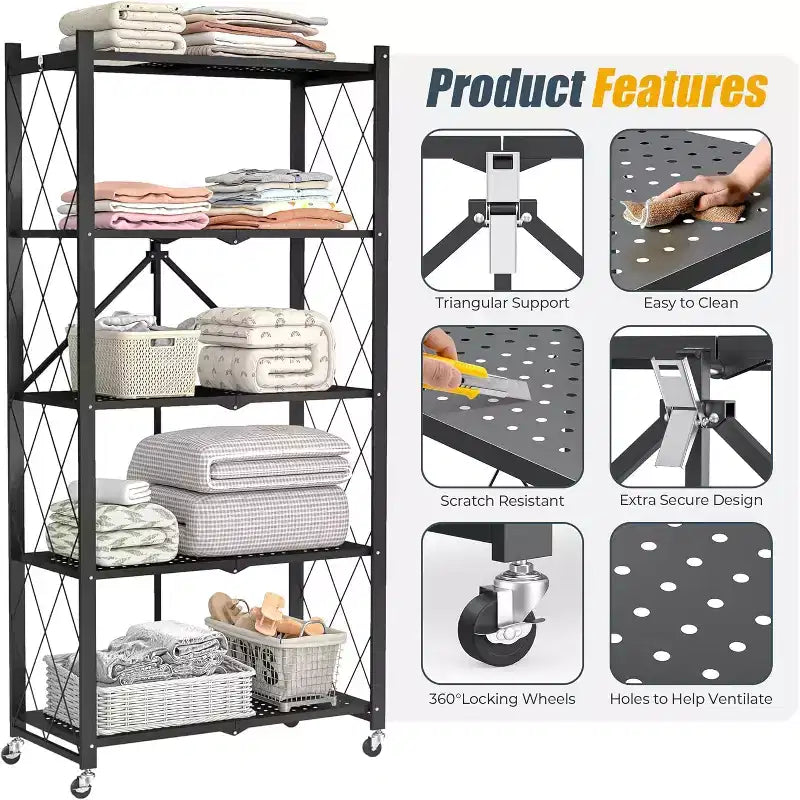 SUGIFT Foldable Storage Shelves with Wheels Heavy Duty Metal Rack 4 Tier or 5 Tier Rolling Organizer for Garage Kitchen Office No Assembly