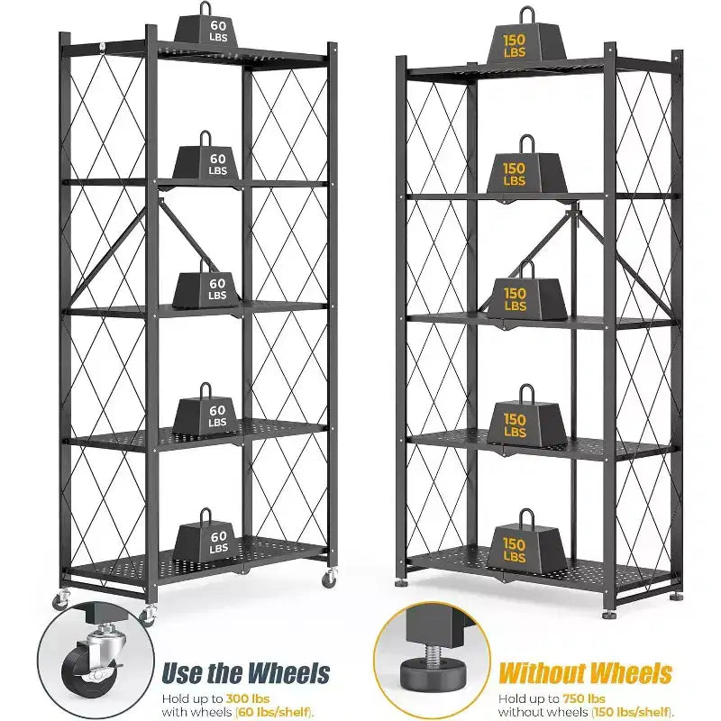 SUGIFT Foldable Storage Shelves with Wheels Heavy Duty Metal Rack 4 Tier or 5 Tier Rolling Organizer for Garage Kitchen Office No Assembly