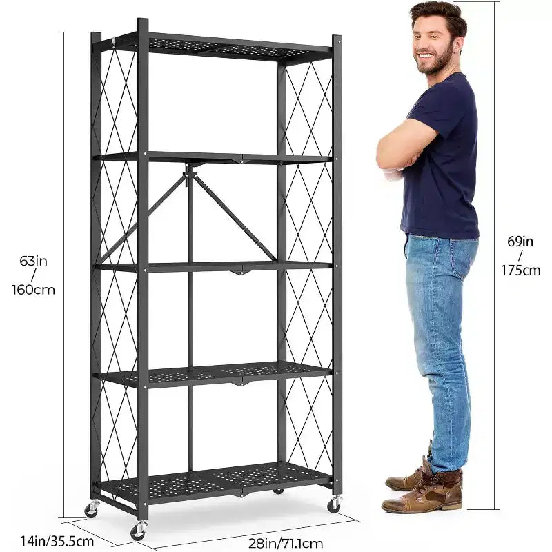 SUGIFT Foldable Storage Shelves with Wheels Heavy Duty Metal Rack 4 Tier or 5 Tier Rolling Organizer for Garage Kitchen Office No Assembly