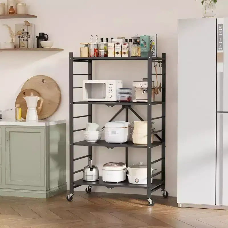 SUGIFT Foldable Storage Shelves with Wheels Heavy Duty Metal Rack 4 Tier or 5 Tier Rolling Organizer for Garage Kitchen Office No Assembly