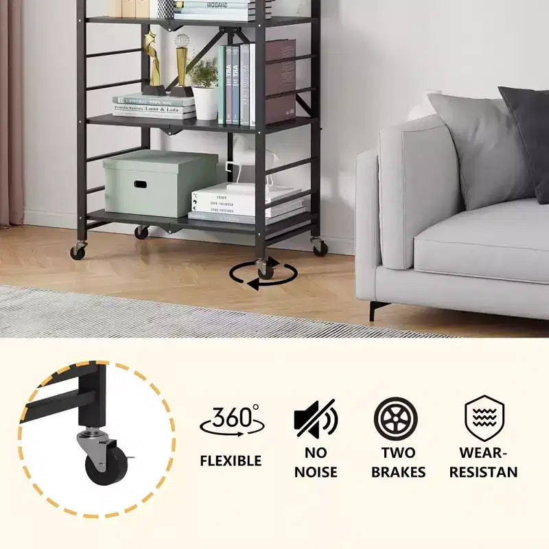 SUGIFT Foldable Storage Shelves with Wheels Heavy Duty Metal Rack 4 Tier or 5 Tier Rolling Organizer for Garage Kitchen Office No Assembly
